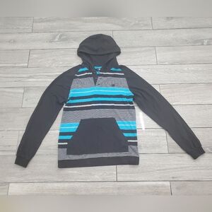 DC men's casual black blue gray striped cotton pull-over hooded sweater size M